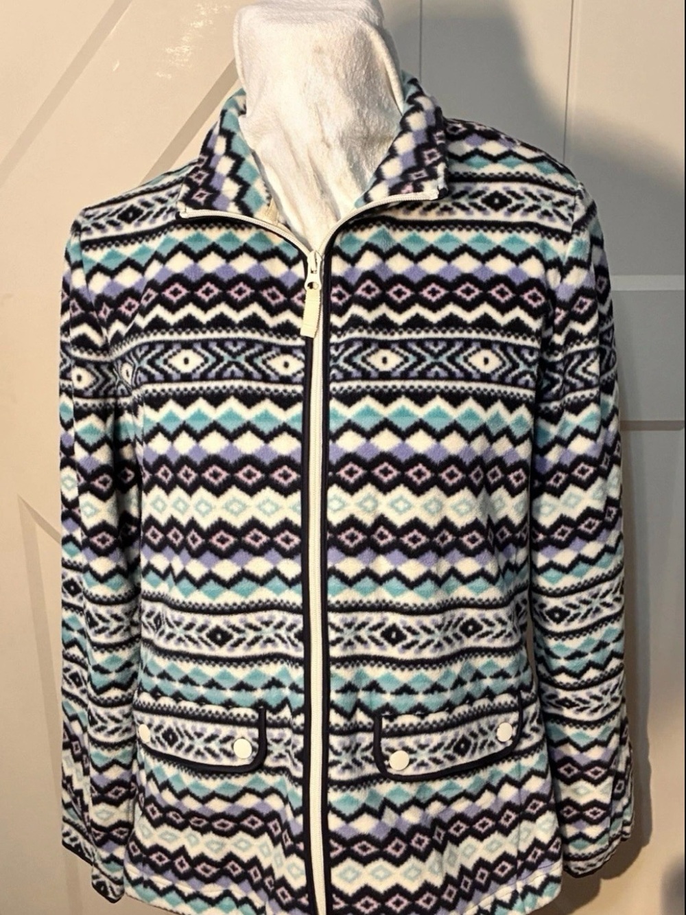 Talbots Fair Isle Aztec Zip Front Fleece Jacket Aqua Women's Size Medium